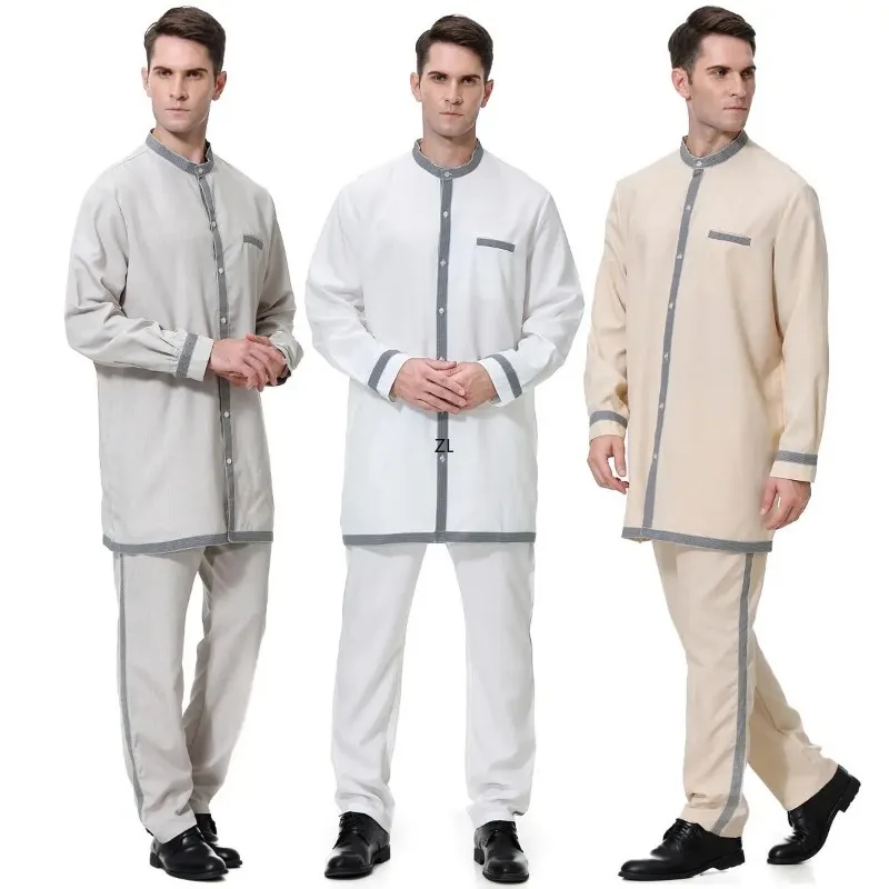 2 Piece Muslim Men Jubba Thobe Button Robe Pants Clothes Suit Abaya Saudi Arabia Eid Turkey Islamic Clothing Daily Dress Ramadan