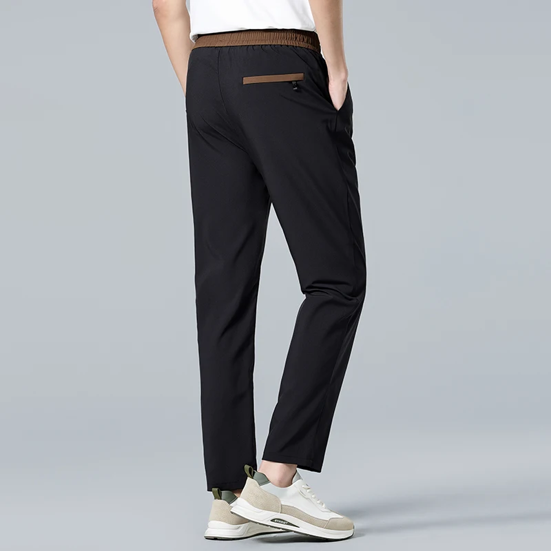 Men's Summer Slim-fit Stretch Slacks Outdoor Windproof Solid Color Ice Silk Slacks Men's Simple Elasticated Waist Slacks