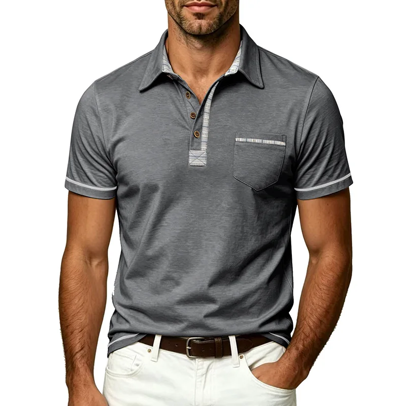 Summer Men's Striped Color-Block Collar Pocket Business Casual Short-Sleeve Polo Shirt