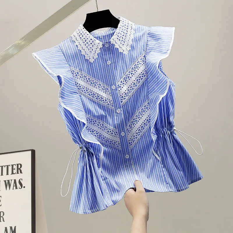 

Промышленная полая кружевная кружевная рубашка контрастного цвета с завязками на талии и рюшами на краях рубашка без рукавов модный полосатый жилет