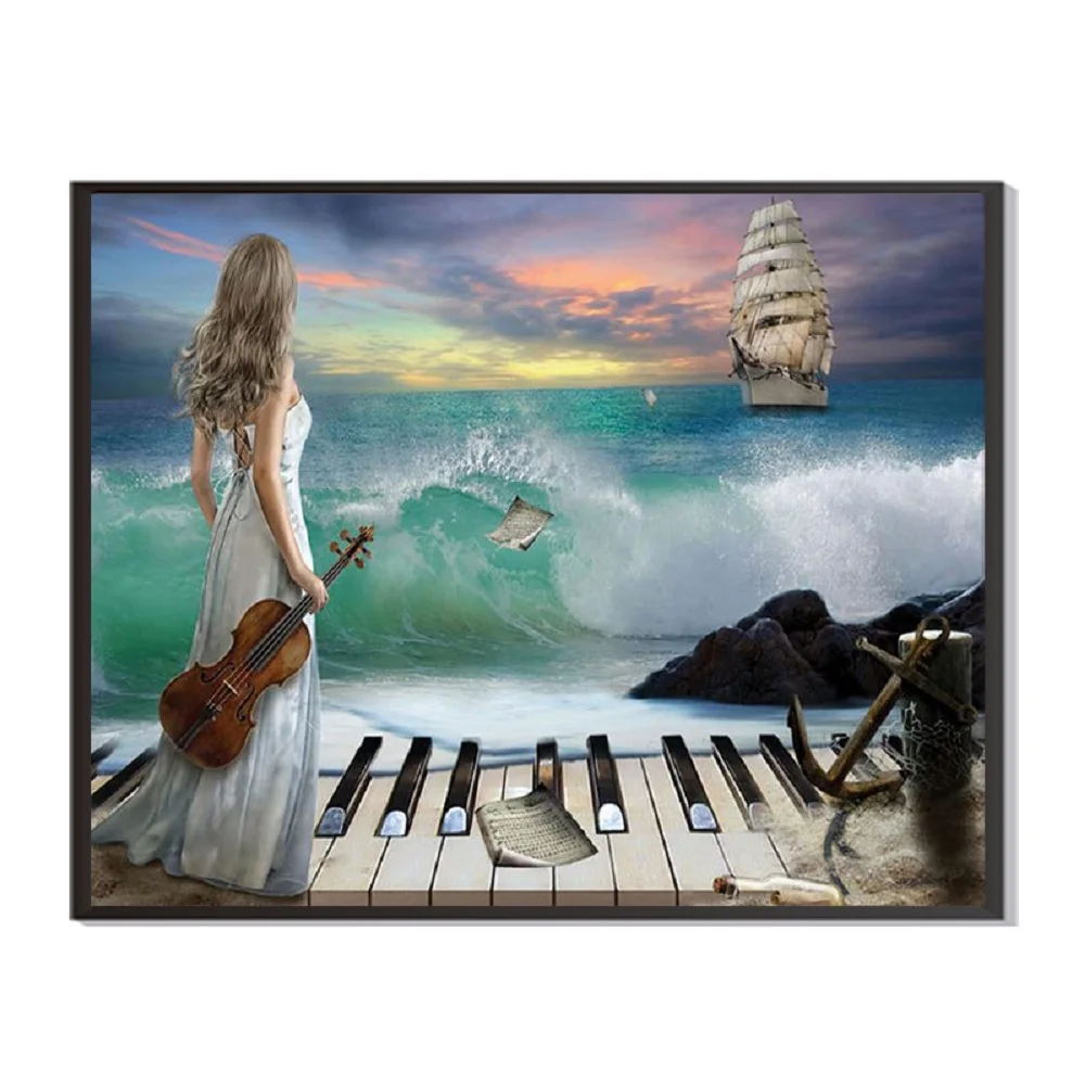 

5D Stickup Drill Embroider Seaside Piano Girl Diamond Painting DIY Handmade Bedchamber Decorative Paintings Handiwork Gift