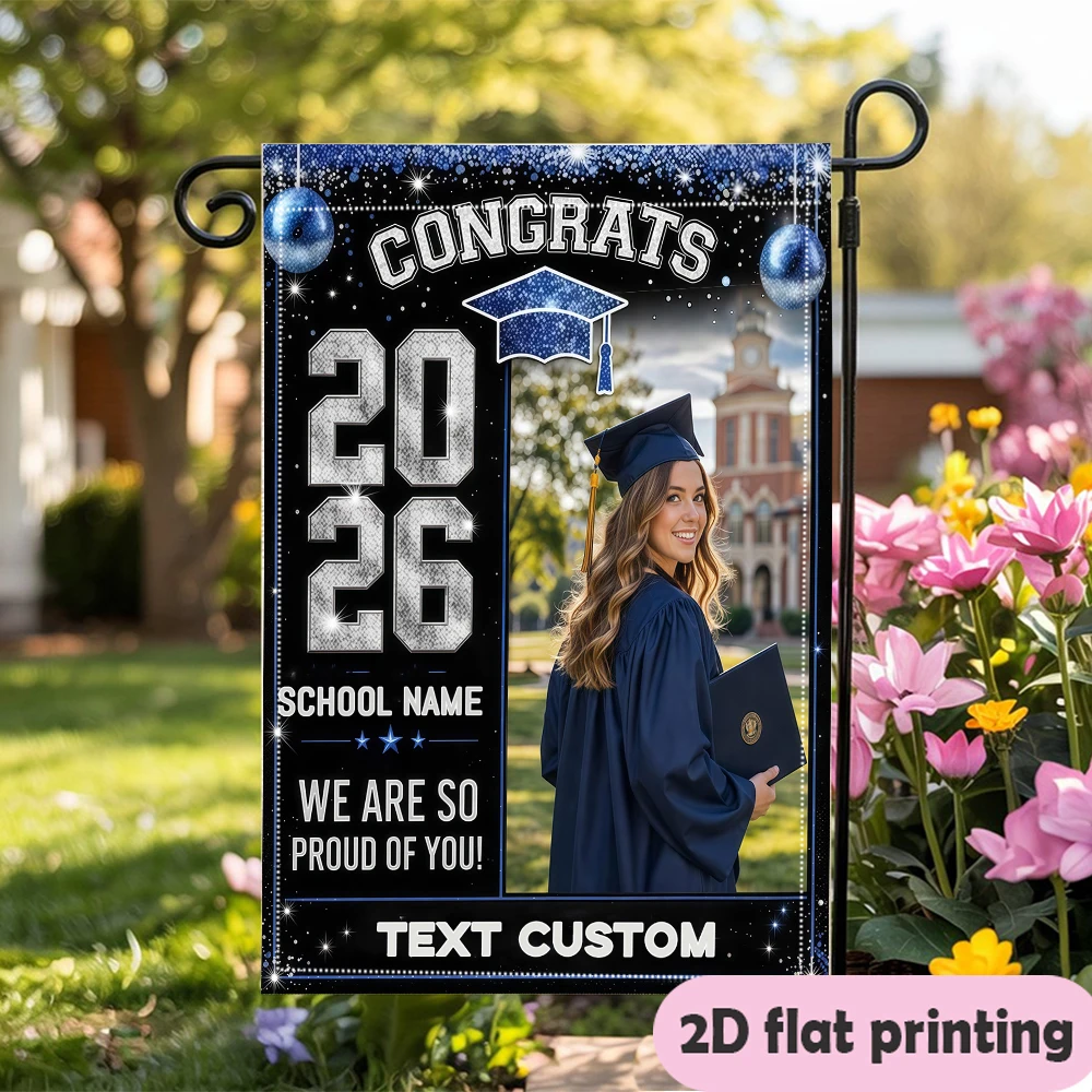 Garden flag custom Name Photo And School Name Black Blue Glitter Balloons Best product Gifts for Graduates