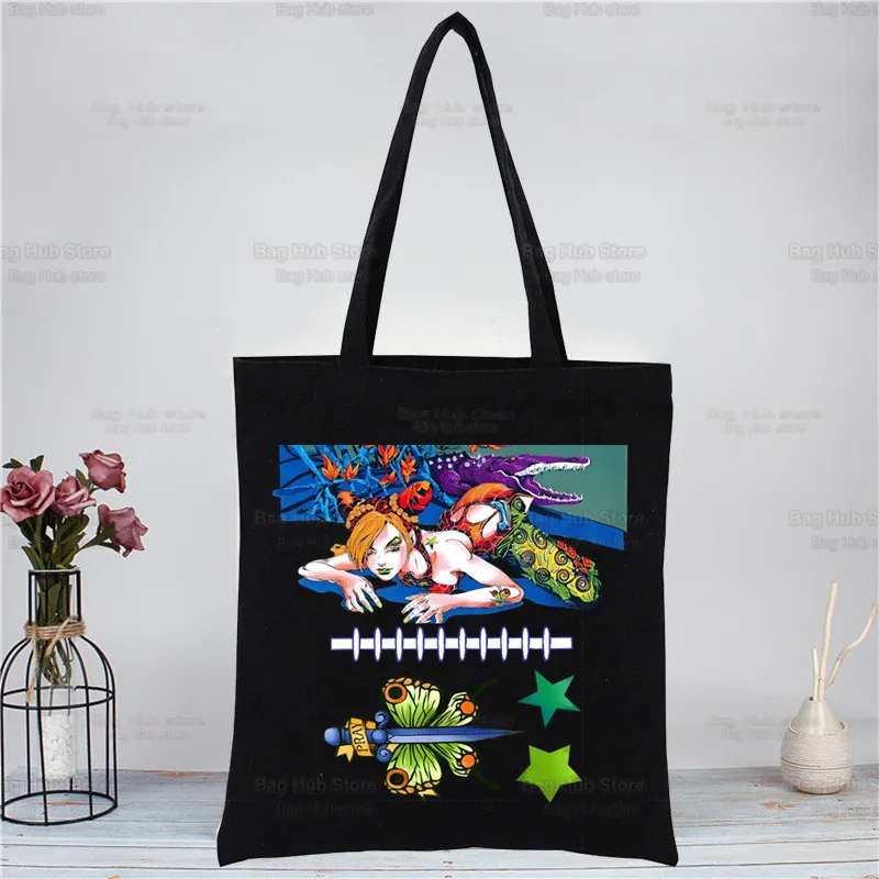 JoJo's Bizarre Adventure Black Tote Bag, Unisex Canvas Bags, Shopping Bags, JOJOS, Kujo Jolyne, Casual Shoulder Bag, Dobrável