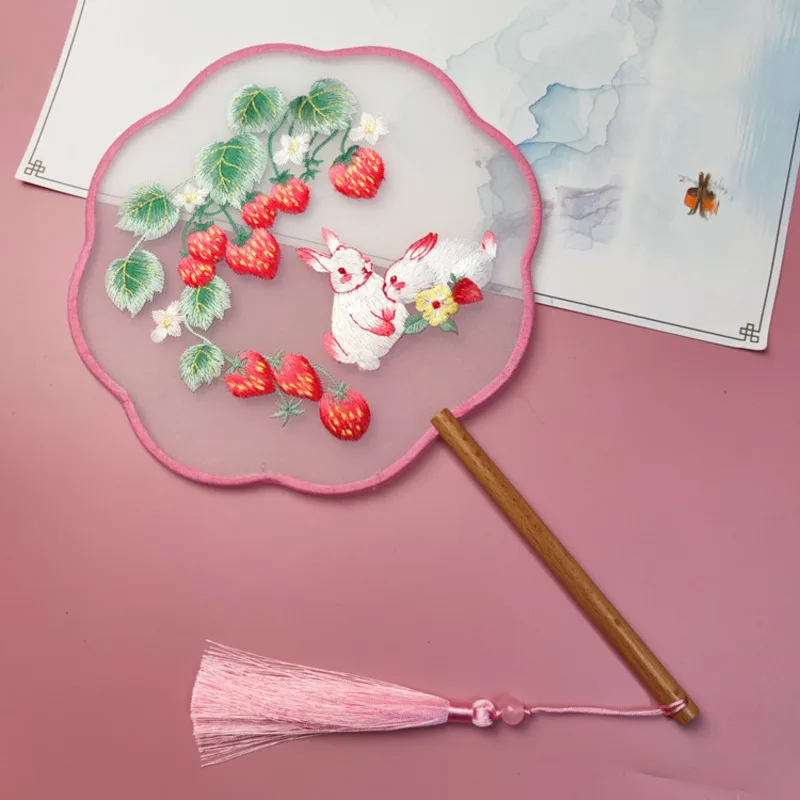 Round Party Hand Fan Antique Long Handle Embroidery Classical Double Court Female Embroidery Fan Chinese Rabbit Bamboo Fans