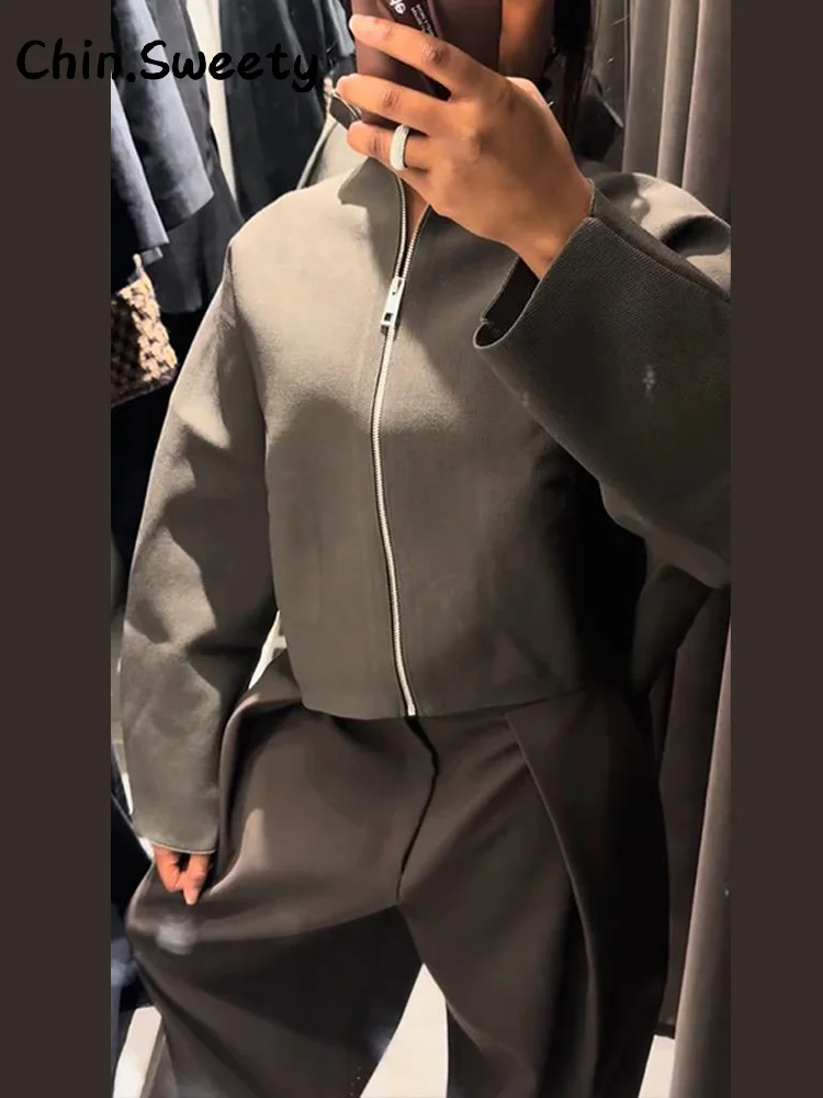 Ležérní dámské pletené zkrácené bundy se stojáčkem, volné kabáty s dlouhým rukávem a zipem, podzim/zima 2025, elegantní dámské outfity na dojíždění - náhled 6