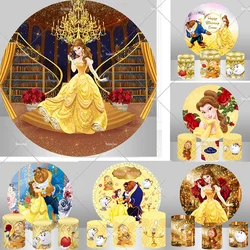 Cartoon Beauty and Beast Round Backdrop Birthday Party Decoration Belle Princess Circle Photo Background for girl Rose Palace