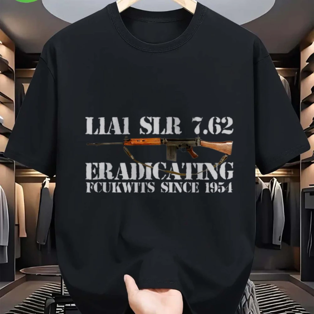 L1A1 SLR 7.62 Eradicate Fokwits Since 1954 Grafik-T-Shirt Schwarz mit schwarzem Waffendesign Stoff Herren-T-Shirts für den Sommer – Detail 6