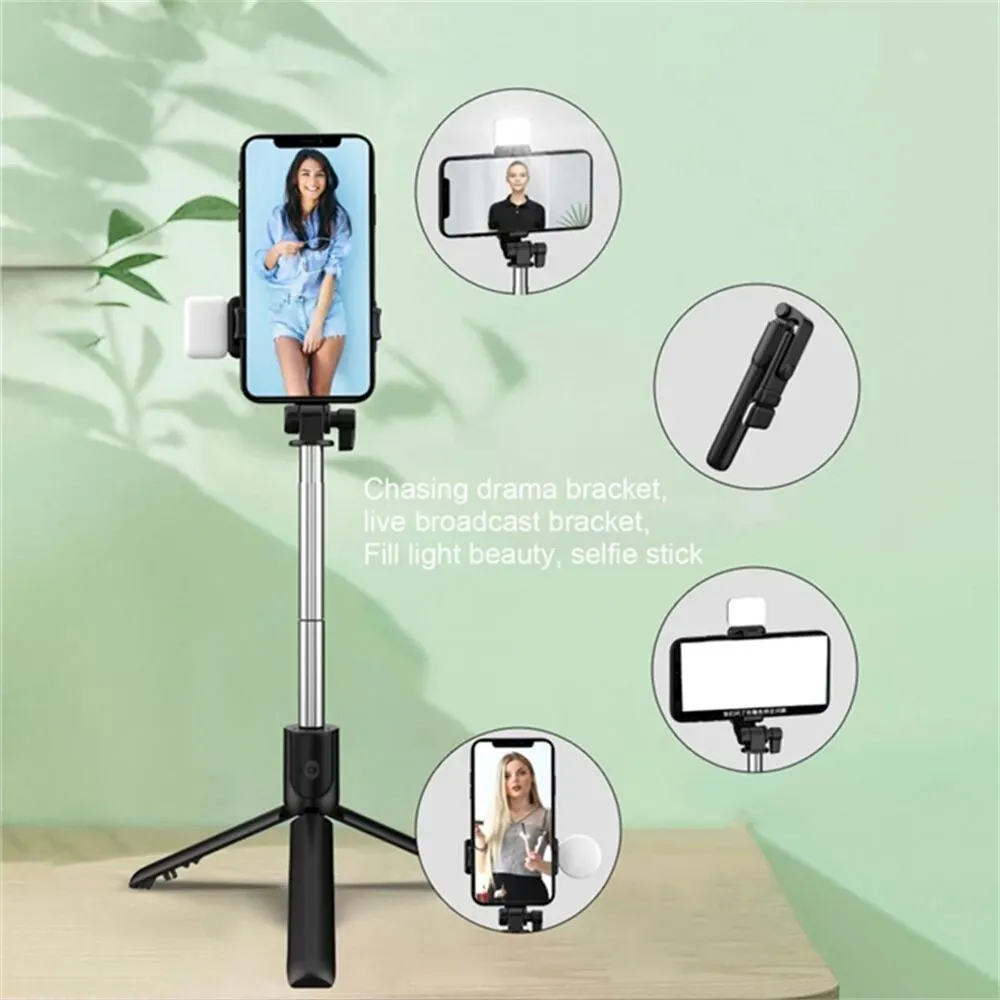 R1 Selfie Stick Support de téléphone portable, mini trépied portable rétractable avec obturateur à distance Bluetooth sans fil et lumière LED selfie