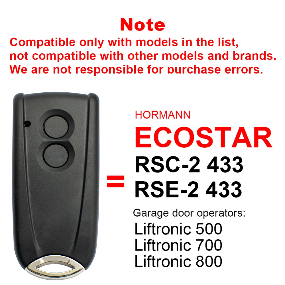 Kompatybilny w 100% pilot do bramy garażowej Hormann ECOSTAR RSC2 RSE2 433MHz z kodem zmiennym, otwieracz do bram i drzwi z baterią.
