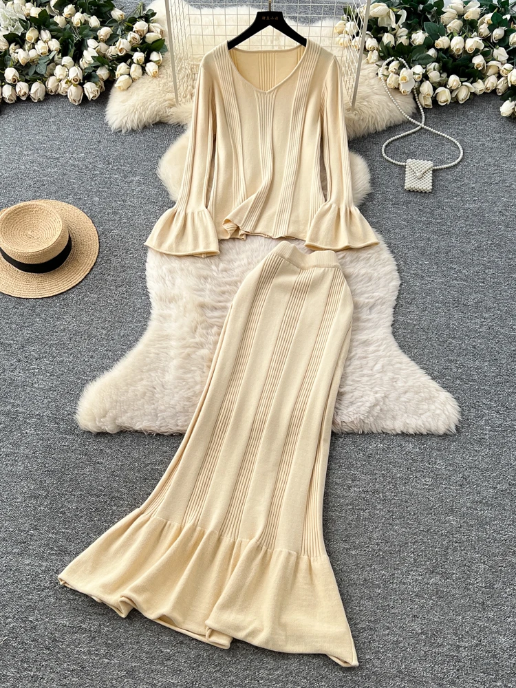 

Ele V-Ne Knitted Top And High Waist Fi Tail Skirt Two-Piece Set for Women Gentle Wind Sle Autumn Faion