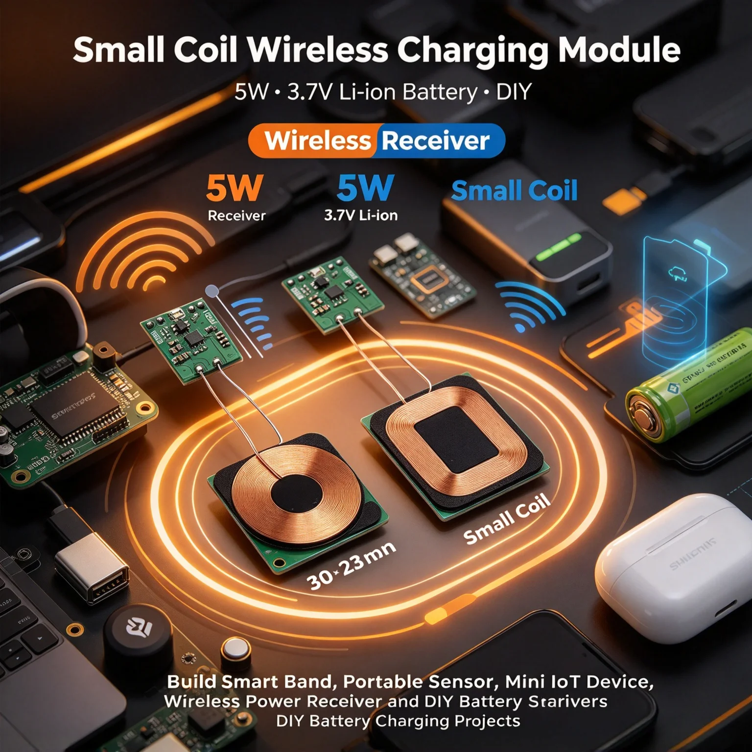 10Pcs 5W Wireless Charging Receiver Module for 3.7V Li-ion Battery, Small Coil DIY