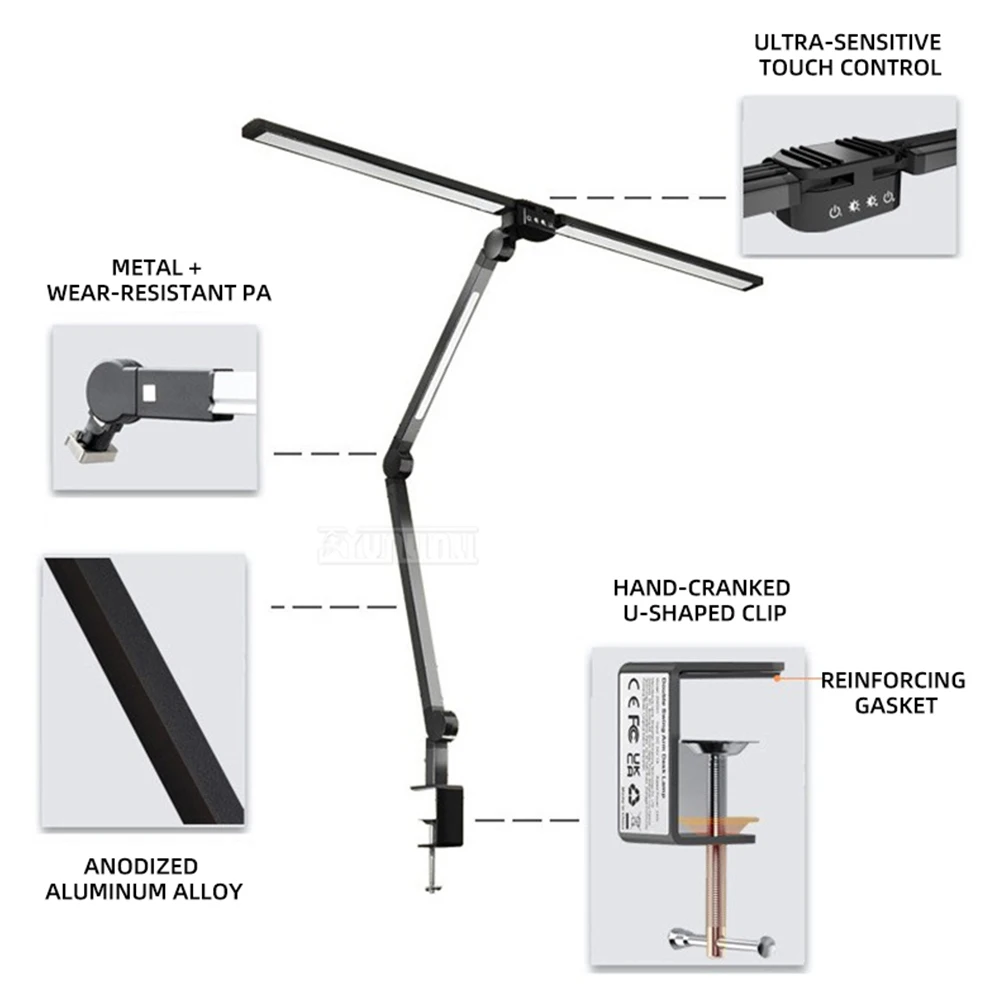 Multifunctional Eye-Protecting Desk Lamp,LED Desk Lamp for Desktop, Office, and Nail Art—Three-Head Folding Clamp Lamp