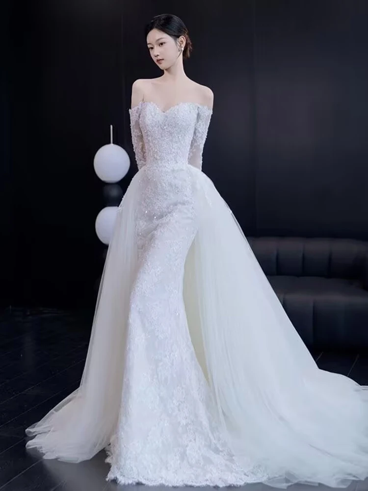 

Ele Lace Wedding Dr Long Sve Fi Tail Gown oulder Bared Heavy Embroidery Forest System Super Fairy out Door Gown