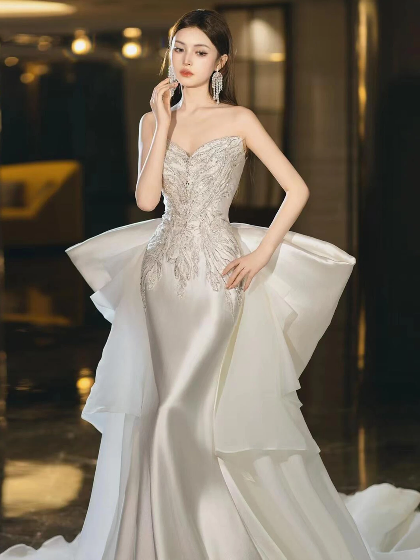 Korean Style Tube Top Satin Main Wedding Dress Heavy Industry Advanced Texture Morning Gowns Bride Engagement Toast Dress