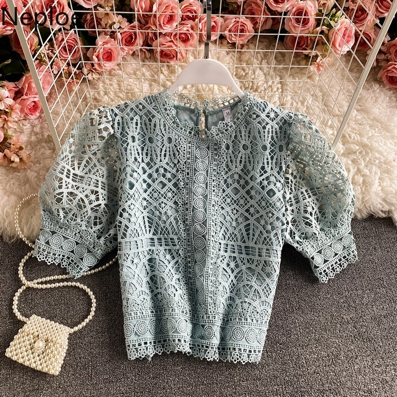 Blusas Mujer De Moda 2023 Vintage Puff Sleeve Blouses Hollow Out Crochet Floral Crop Tops Korean Summer Elegant Lace Shirts