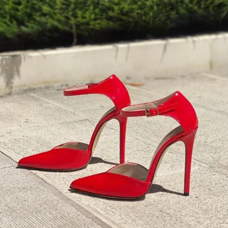 Red Patent Leather Cut-out Celebrating Party Shoes Drop Ship Fashion Ankle Strap Stiletto Heels Dress Shoes  12Cm 10Cm 8CM