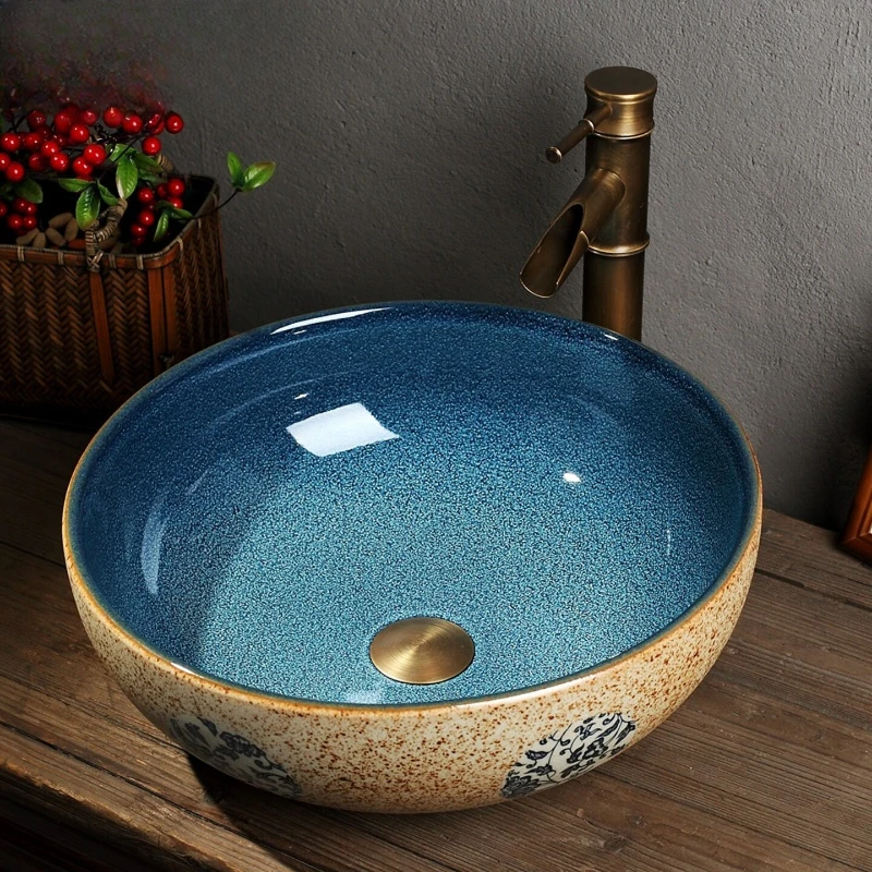 Ceramic wash basin, retro household table basin, round art wash basin, European bathroom wash basin