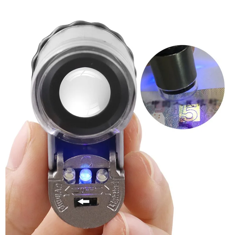 50x Mini Magnifying Glass with UV LED Light Microscope for Jewelry Appraisal Jade Jewelry and Antiques Money Detection Lamp