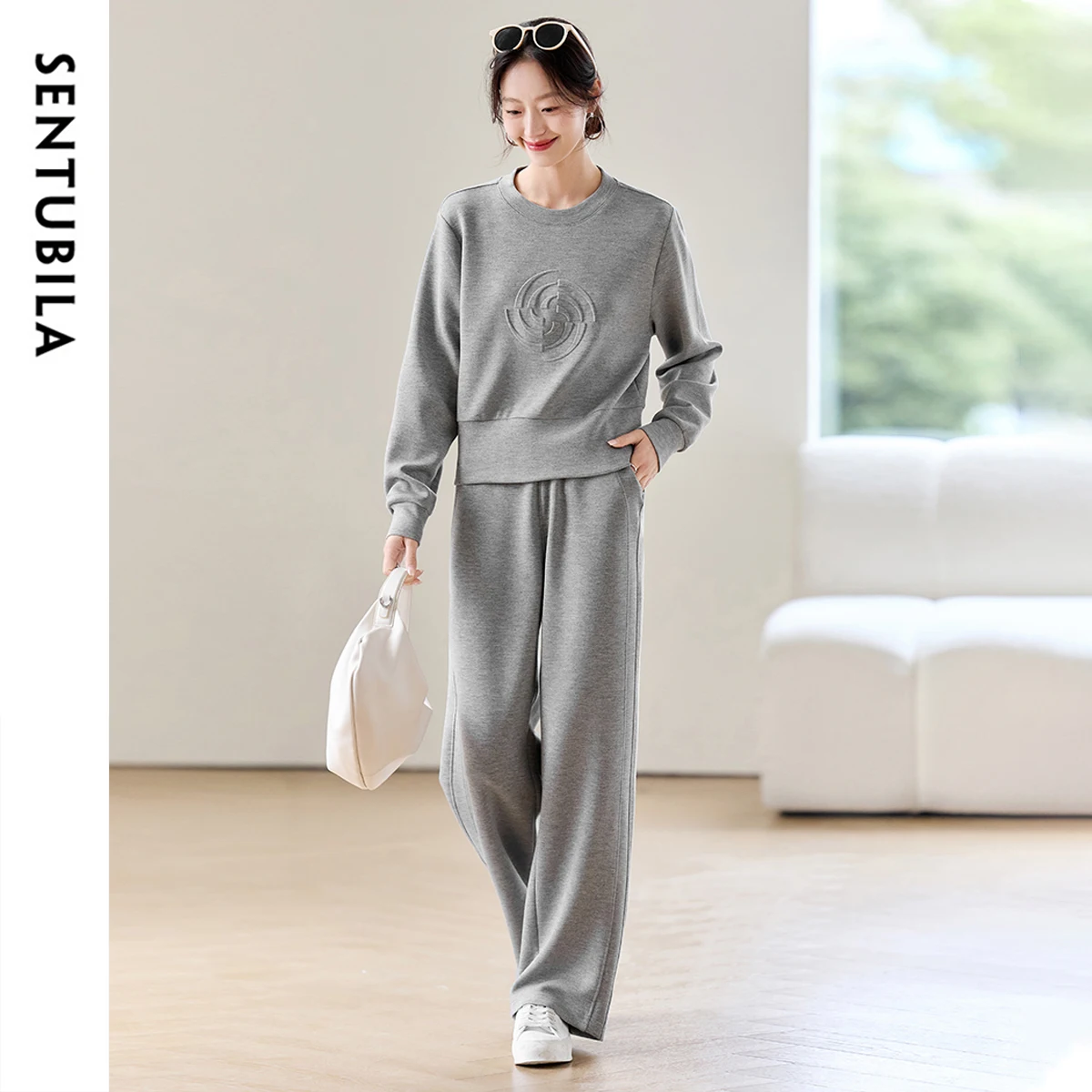 

SENTUBILA 2 Pieces Set For Woman Gray Simple Crew Neck Loose Shoulder Sweater & Elastic Waist Straight Pants W51Z73629