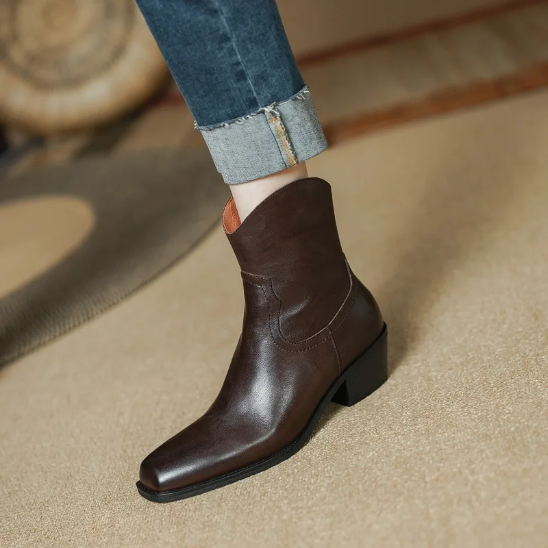 

Woman Winter Boots British Style Modern Botas Autumn Spring Daily Shoes Side Zippers Ankle Botas SquareToe Ladies Cowhide Shoes