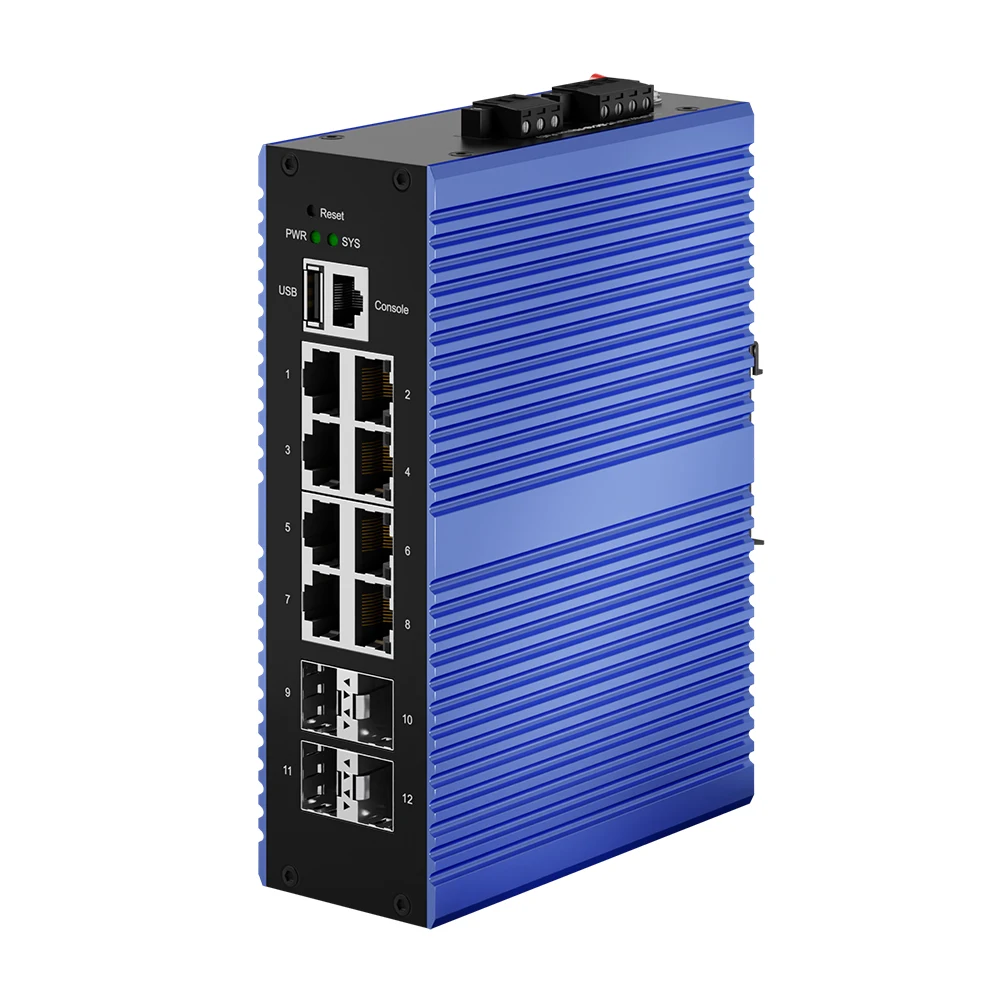 Bullscom Industrial 12-Port Layer 3 Managed Switch | 8x Gigabit RJ45 + 4x 10G SFP+ Advanced Routing for EV Charging, Smart Grid