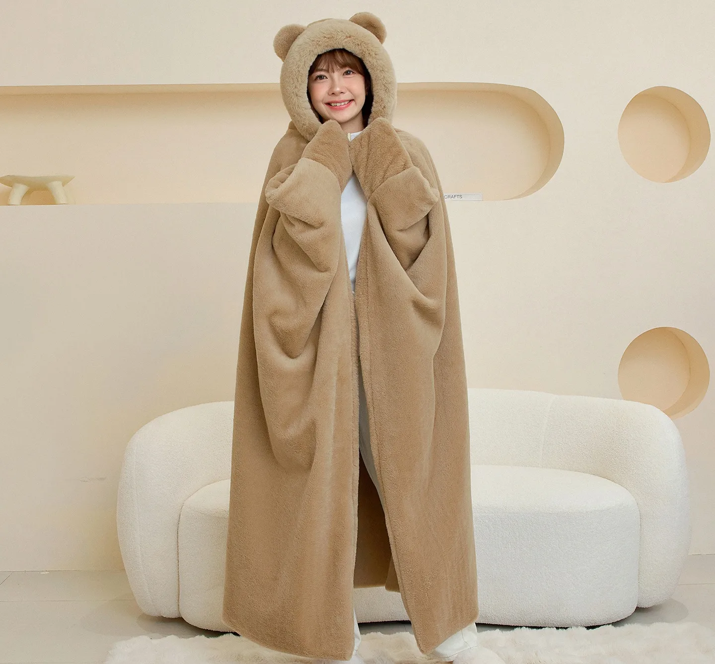 Cute Bear Ear Hooded Wearable Blanket, Fluffy Plush Cape Throw Blanket with Sleeves, Warm Cartoon Bear Shawl Blanket for Women