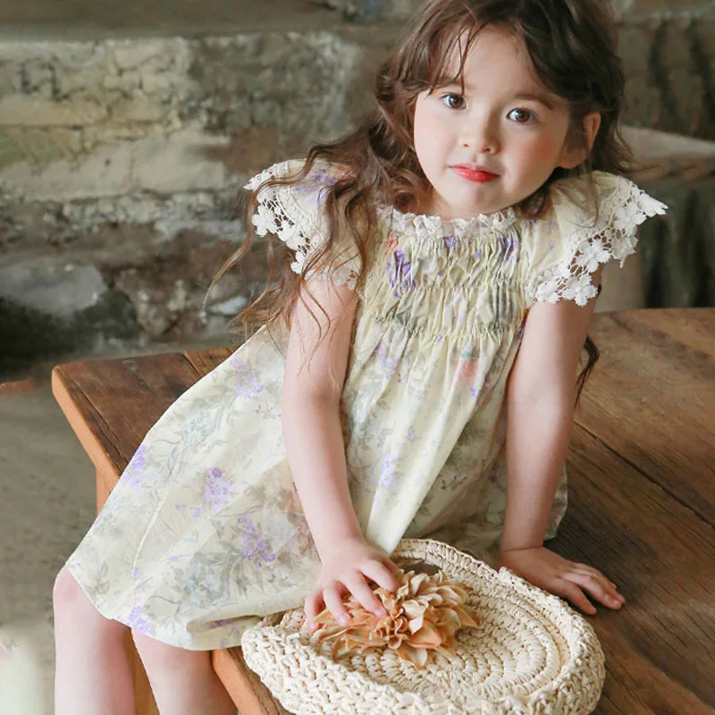 

Girl Dress Summer New Children's elastic Lace Flower Dress Elegant Cute Daily Casual Vacation Preppy Style Outifits