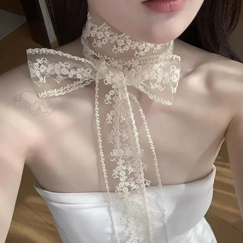 AWAYTR  Long Women Lace Floral Hair Scarf Elegant Embroidery Ribbon Scarves Lady Wrist Headbands Skinny Neckerchief Headwear