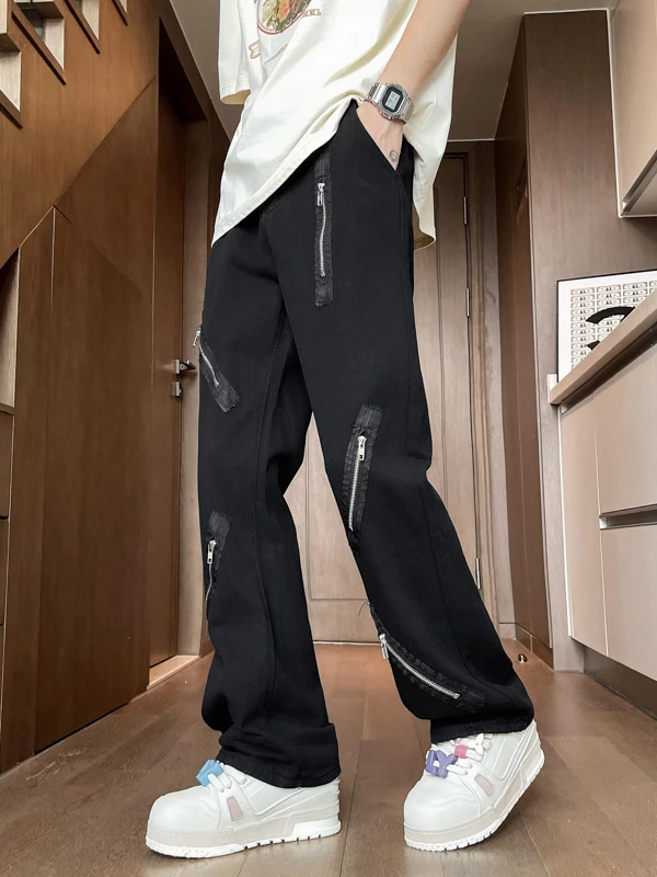 

Trendy Streetwear Men's Spring Autumn Loose Straight Leg Zipper Jeans Casual Long Trousers Wear Resistant Classic Blue Denim