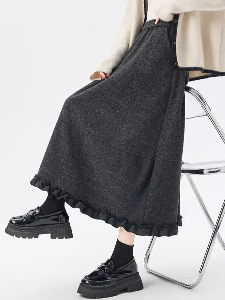 Sweet ey jupe en laine femme taille haute taille élastique décontracté Sle pétale singe jupe longue avec bois ain