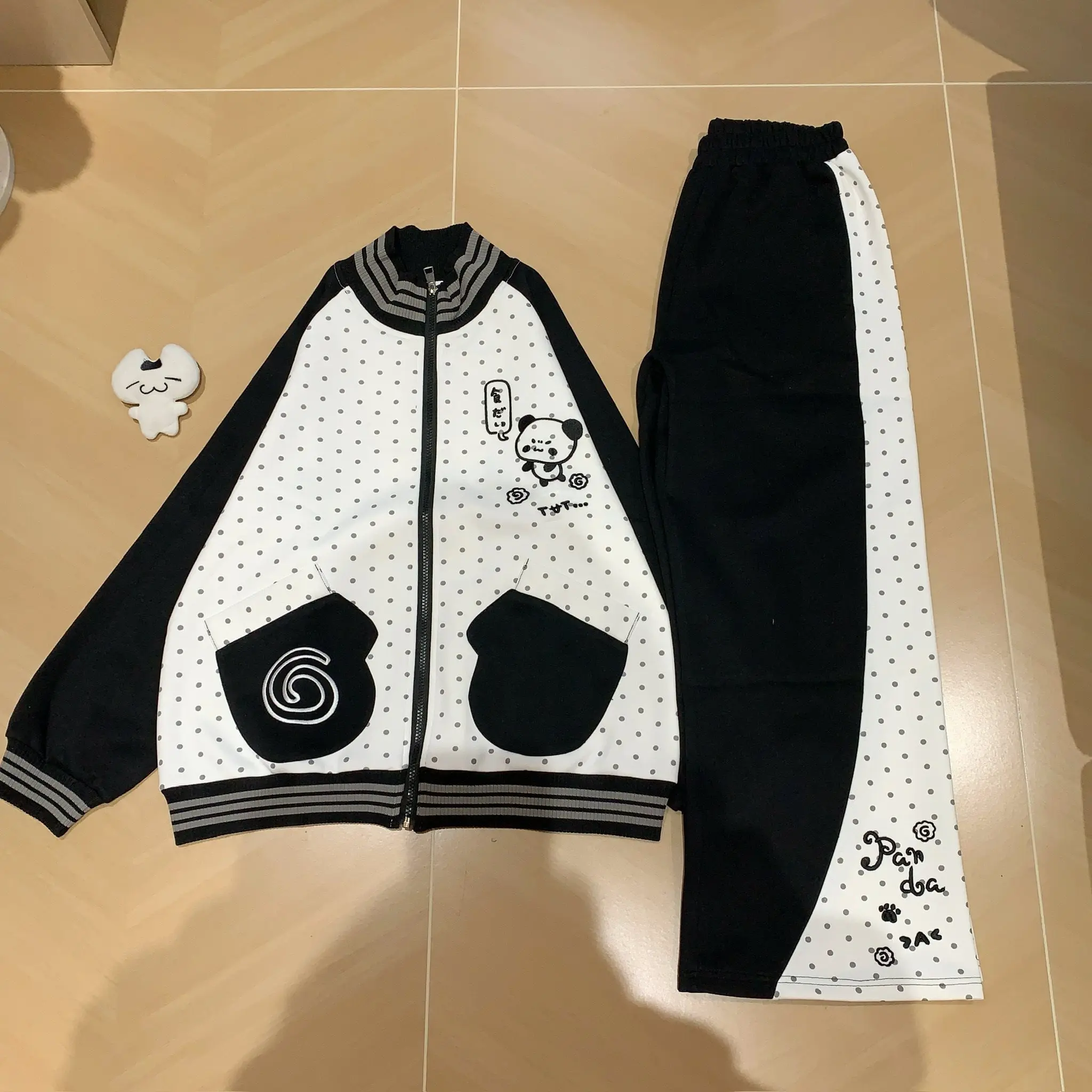 Girl Casual Outfits Polka Dot Embroidered Panda 2 Pieces Sets for Women Autumn Pant Sets Stand-collar Jacket and Trousers Set