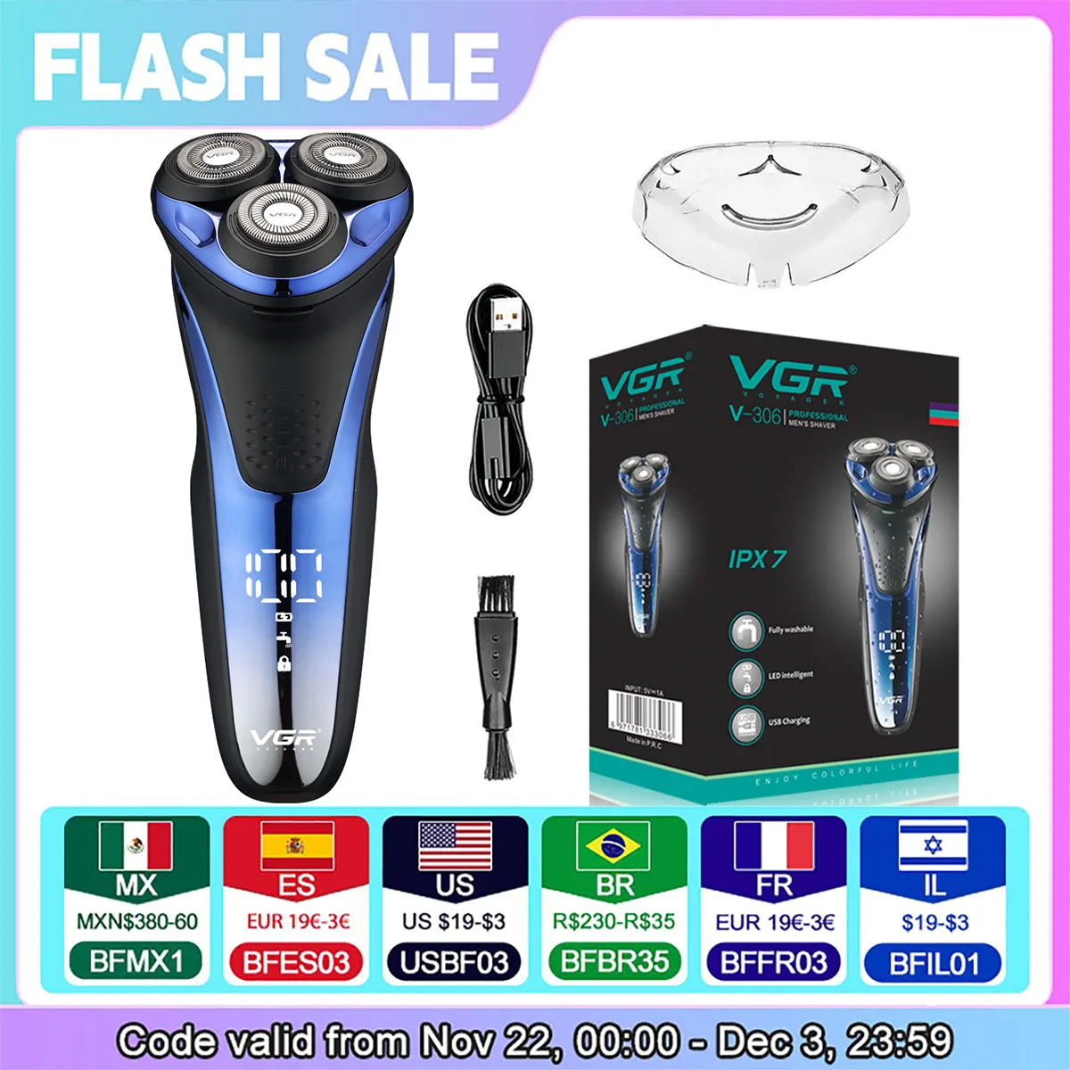 VGR Electric Shaver Professional Razor Waterproof Beard Trimmer Rotary 3D Floating Shaving Rechargeable Electric for Men V-306