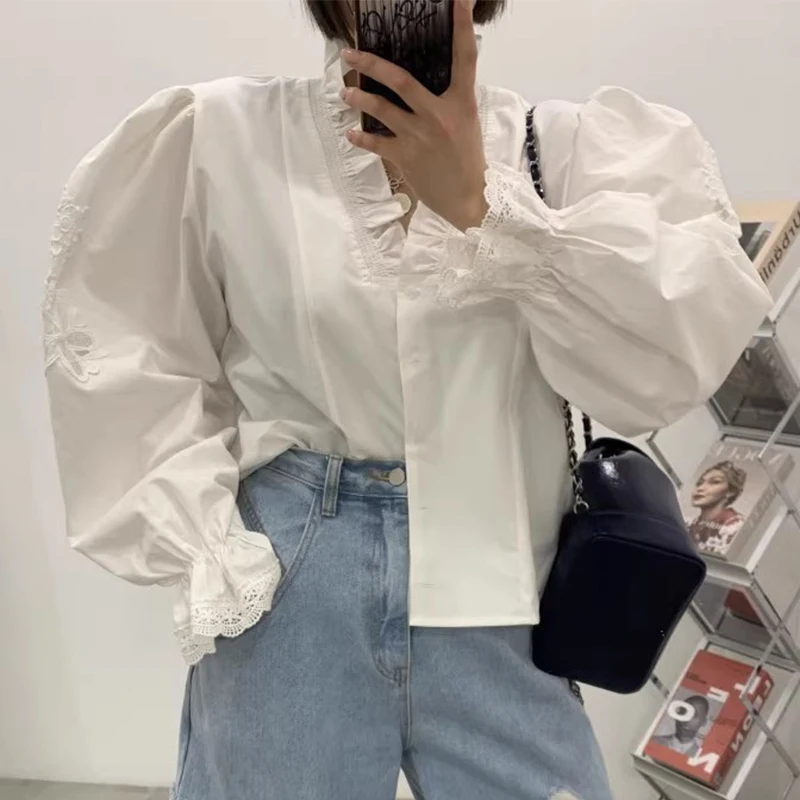 Ele V-ne Single-button Hollow out Long Sve Chic irt Women's Loose Fit Commute Sle Korean Version Spring 2024