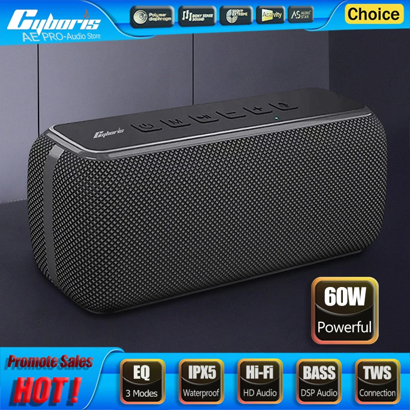 

Беспроводная Bluetooth-колонка 60 Вт TWS, стереоколонка для домашнего кинотеатра, водонепроницаемая, с мощными басами, настольный сабвуфер с эквалайзером для использования на улице, в помещении, для ПК и телевизора
