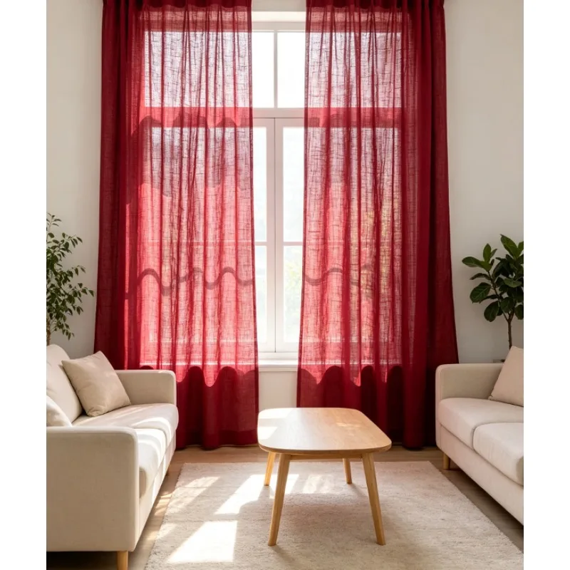 American Style Homestay Red Linen Gauze Wine Red Retro French Door Curtain Living Room Bedroom Balcony Curtain