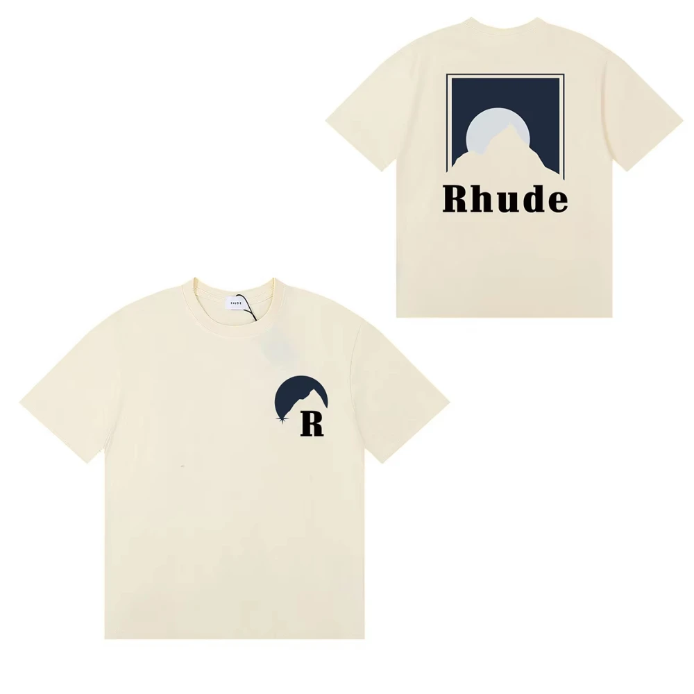 2026 Rhude Unisex Mountain Sunset Graphic T-shirt Oversized Short Sleeve Tee Vintage Nature Loose Summer Cotton Trendy Top