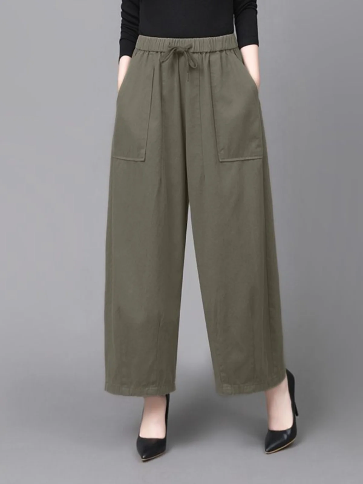 

Широкие брюки с высокой талией для мам среднего возраста, чистый хлопок, лен, свободные повседневные брюки больших размеров с девятью очками, корейский сле