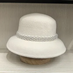 Casual day with women's woolen vintage lampshade hat Pearl chain fisherman hat LM20240377