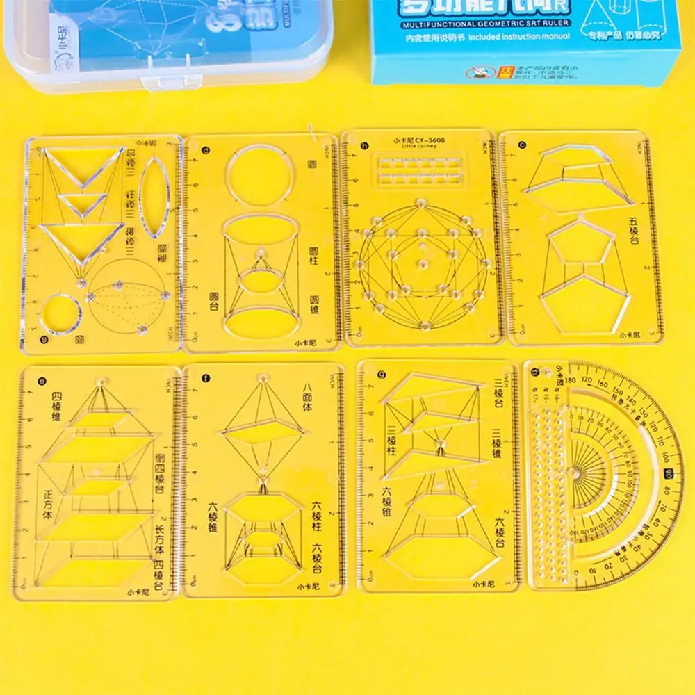 8PCS/Set Geometric Drawing Ruler Multi-function Stationery Protractor Plastic Learning Measuring Tool School Office Supplies