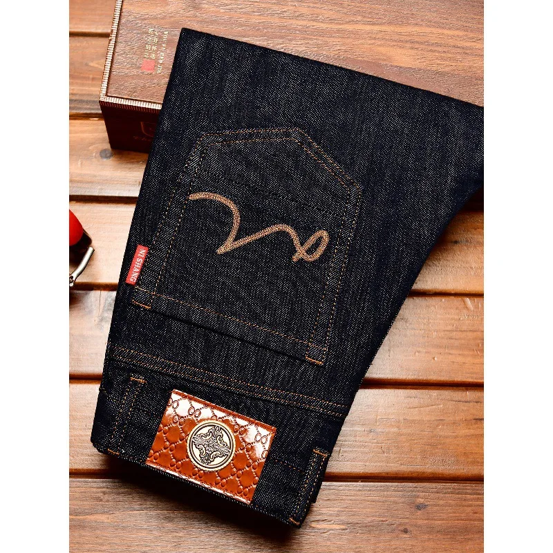 Deep blue jeans men's 2025 autumn fashion stretch slim fit fit Japanese style street trend embroidered small leg pants