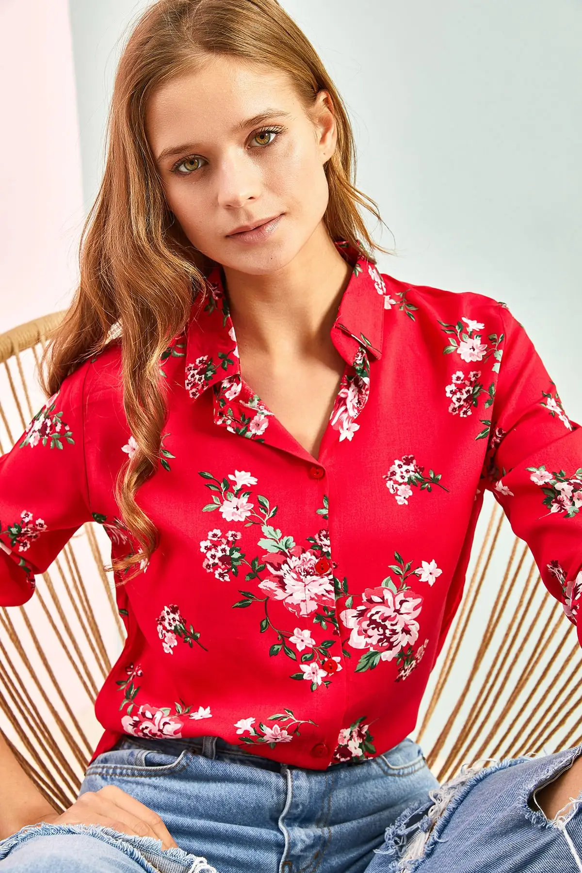 Women's Sleeve Fold Forest Picture Linen Shirt - 735