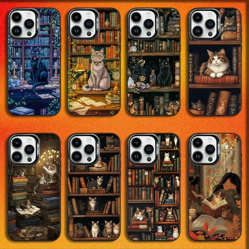 

Book Bookshelf Cat Cool Phone Case For iPhone 16,15,14,13,12,11,Mini,Pro,E,MAX Black Candy Matte Shockproof Cover