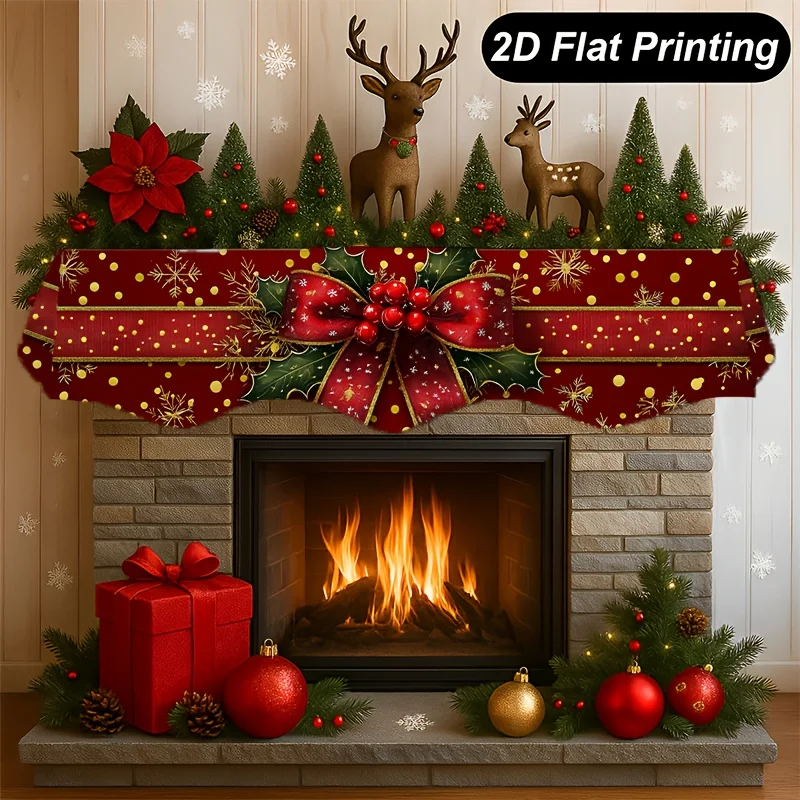 VIKAMA Christmas Fireplace Mantel Scarf Bow Holly Berry Mantel Topper Xmas Fireplace Shelf Cover Indoor Home Party Decoration
