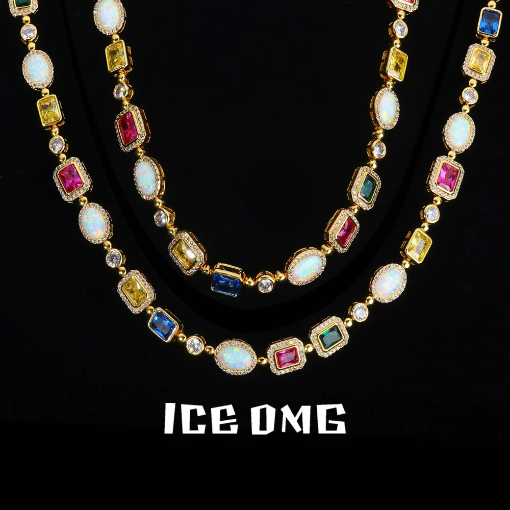 

ICEOMG Colored CZ Diamond Cross Link Chain Necklace Gold Plated Colorful Opal Link Chain Hip Hop Fine Jewelry for Men Women Gift