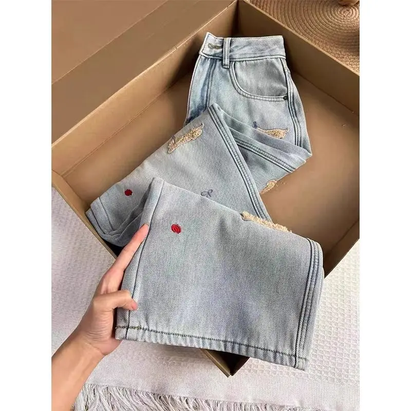 

Fashion Straight Leg Jeans Women Spring Autumn High Waist Slimming Wide Leg Floor-Length Pants Leisure Women Jeans
