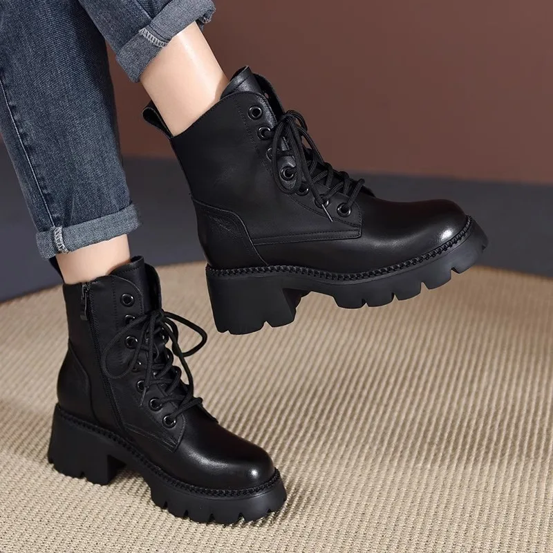 British style women's boots autumn new item thick sole thick heel 5.5cm high heels lace up boots round toe lace up women's boots