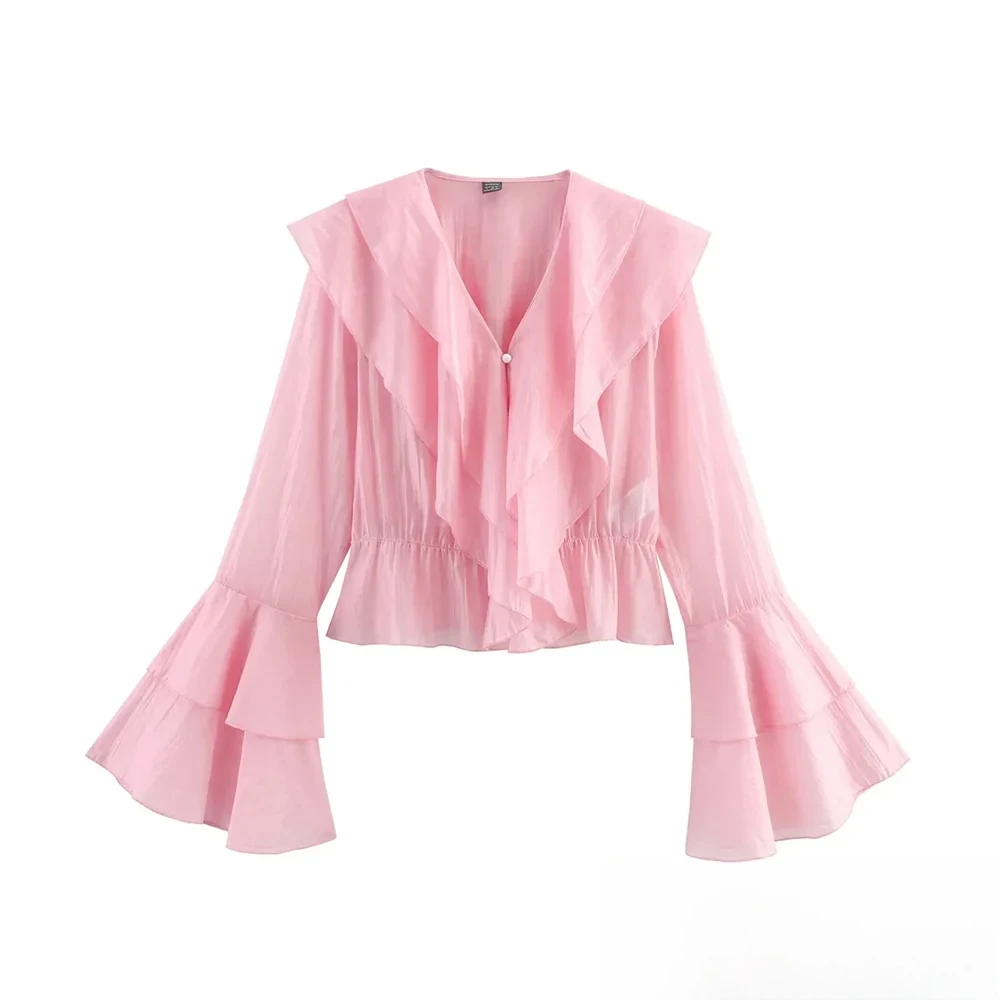 

KONDALA Women Fall Elegant Shirt Ruffle Edge Long Flared Sleeve Shirts 2025 Summer Fashion Holiday High Street Translucent Shirt