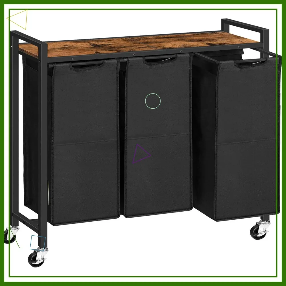 

3-секционная корзина для белья на колесиках, съемные сумки 43,5 л, коричневый и черный в деревенском стиле для организации дома