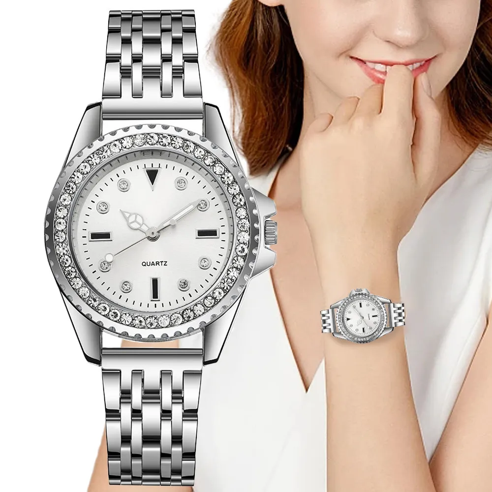 Moda Señoras Plata Simple Completo Diamante Inglés Reloj 2023 Nueva marca de las mujeres de acero inoxidable Reloj de lujo Relojes de vestir