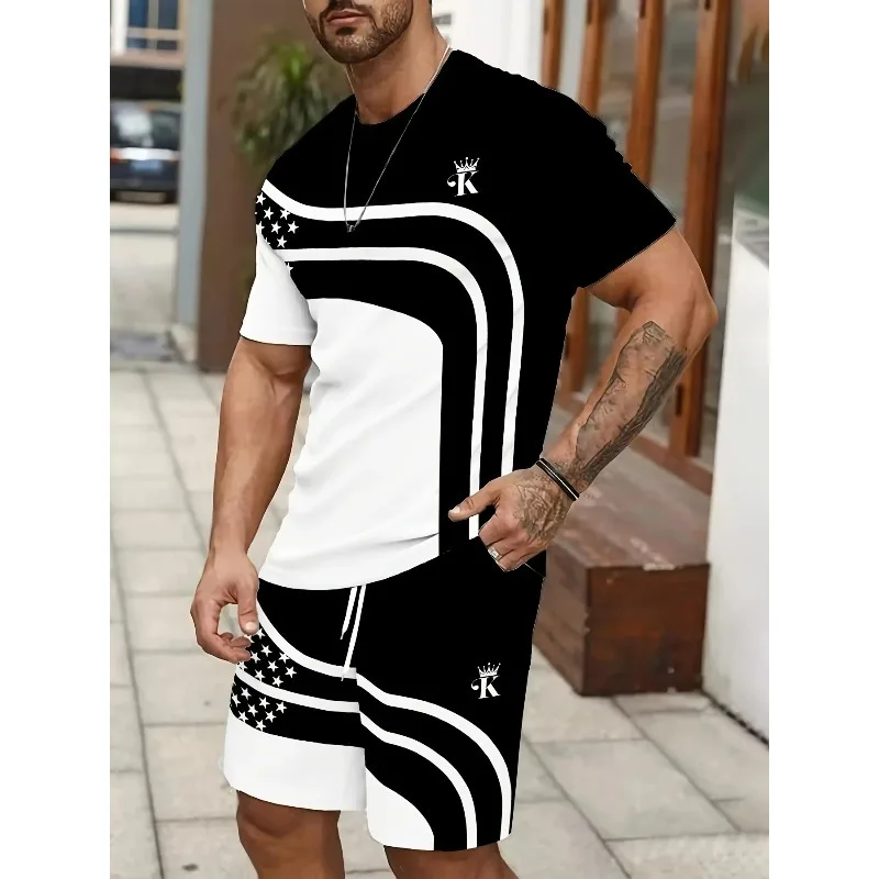 2025 Summer New Men's Casual Personalized 3D Printed Comfortable and Soft Casual Polyester Fiber Short Sleeve Shorts Set